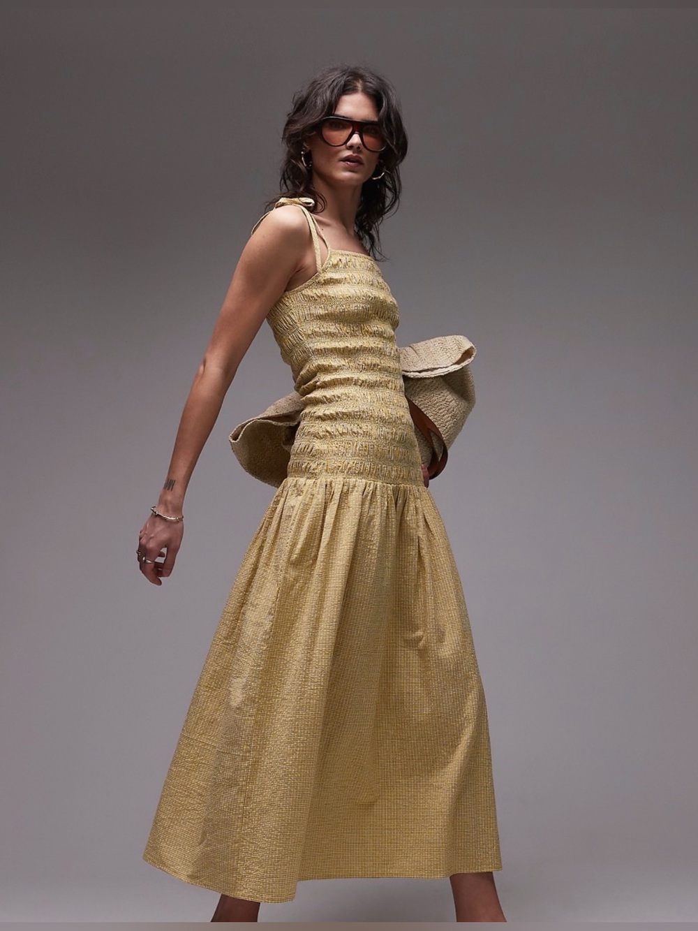 Topshop | Yellow Smocked Midi Dress with Tie Straps size 6